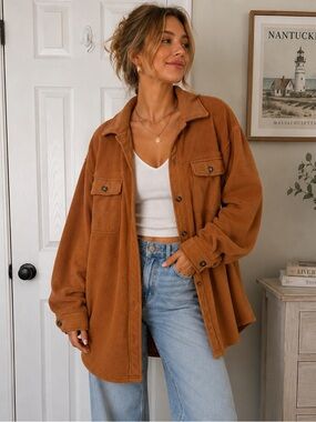 BiBi Oversized Fleece Shacket Small Camel Brown Button Front Jacket